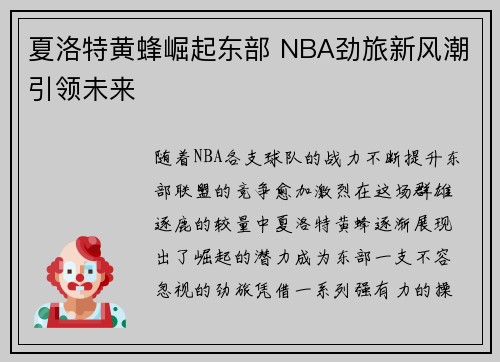 夏洛特黄蜂崛起东部 NBA劲旅新风潮引领未来