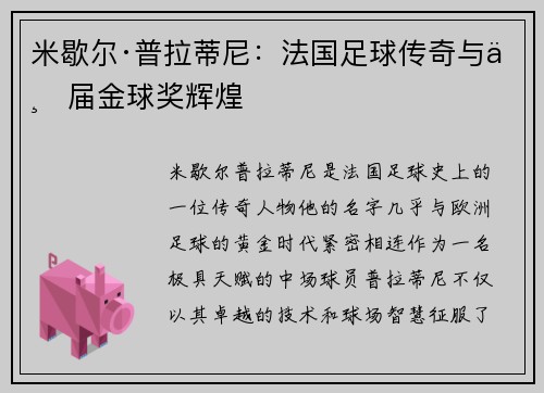 米歇尔·普拉蒂尼：法国足球传奇与三届金球奖辉煌