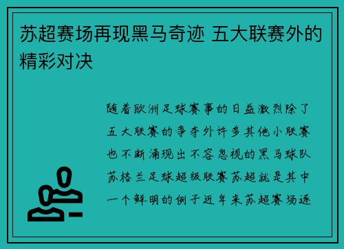 苏超赛场再现黑马奇迹 五大联赛外的精彩对决